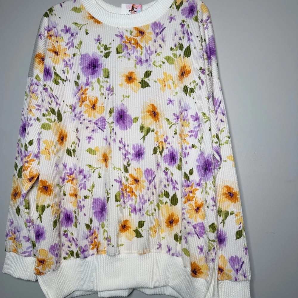 Floral Pullover Top - White with Purple & Yellow Flowers